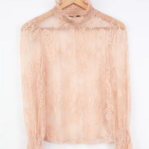 Lulu’s Sheer Leader Blush Pink Lace Mock Neck Long Sleeve Top XS